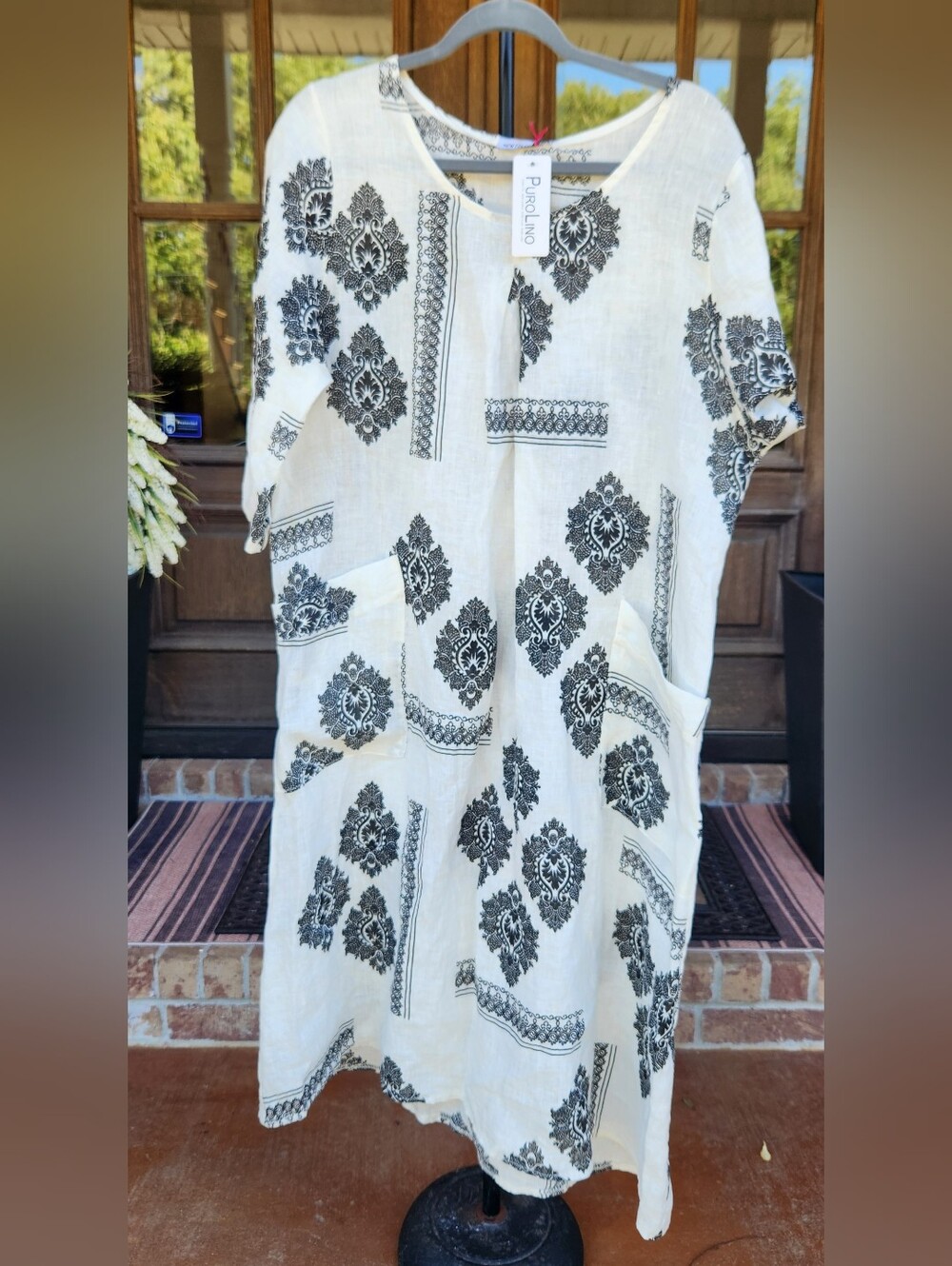 NWT New Collection PuroLino Italian Linen Damask Dress Cream Black One Size
